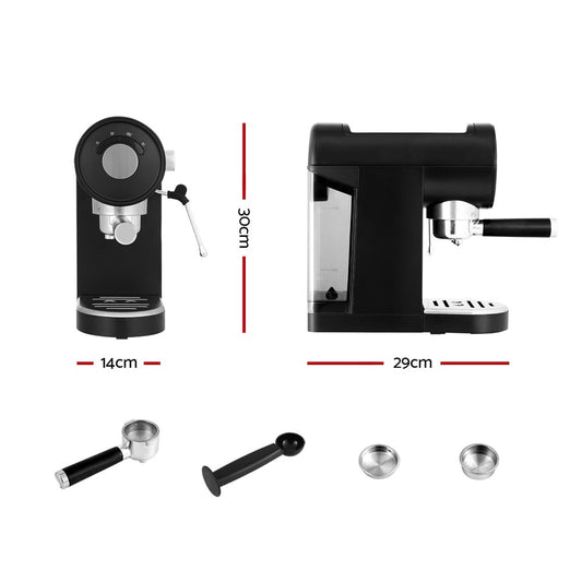 A black Devanti 20 Bar Coffee Machine with a portafilter attached, designed for making espresso.