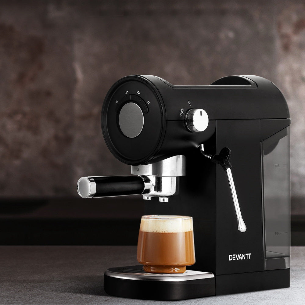 A black Devanti 20 Bar Coffee Machine with a portafilter attached, designed for making espresso.