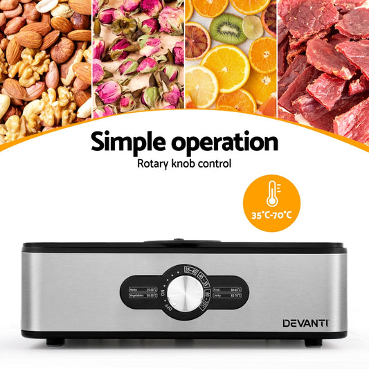 Devanti food vacuum sealer with rotary knob control and images of food items on a white background