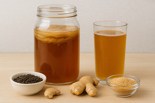 Glass jar and glass of ginger tea with ginger root, tea leaves, and honey on a wooden surface.