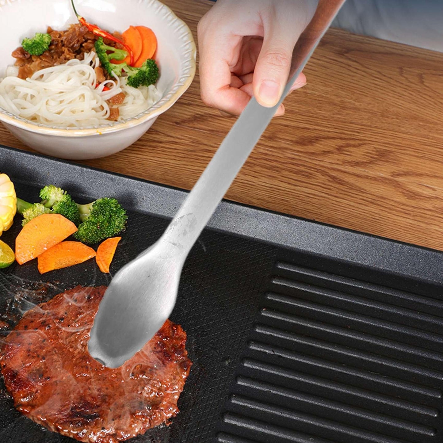 Stainless Steel Tongs - 19.25 Inch With Wooden Handles