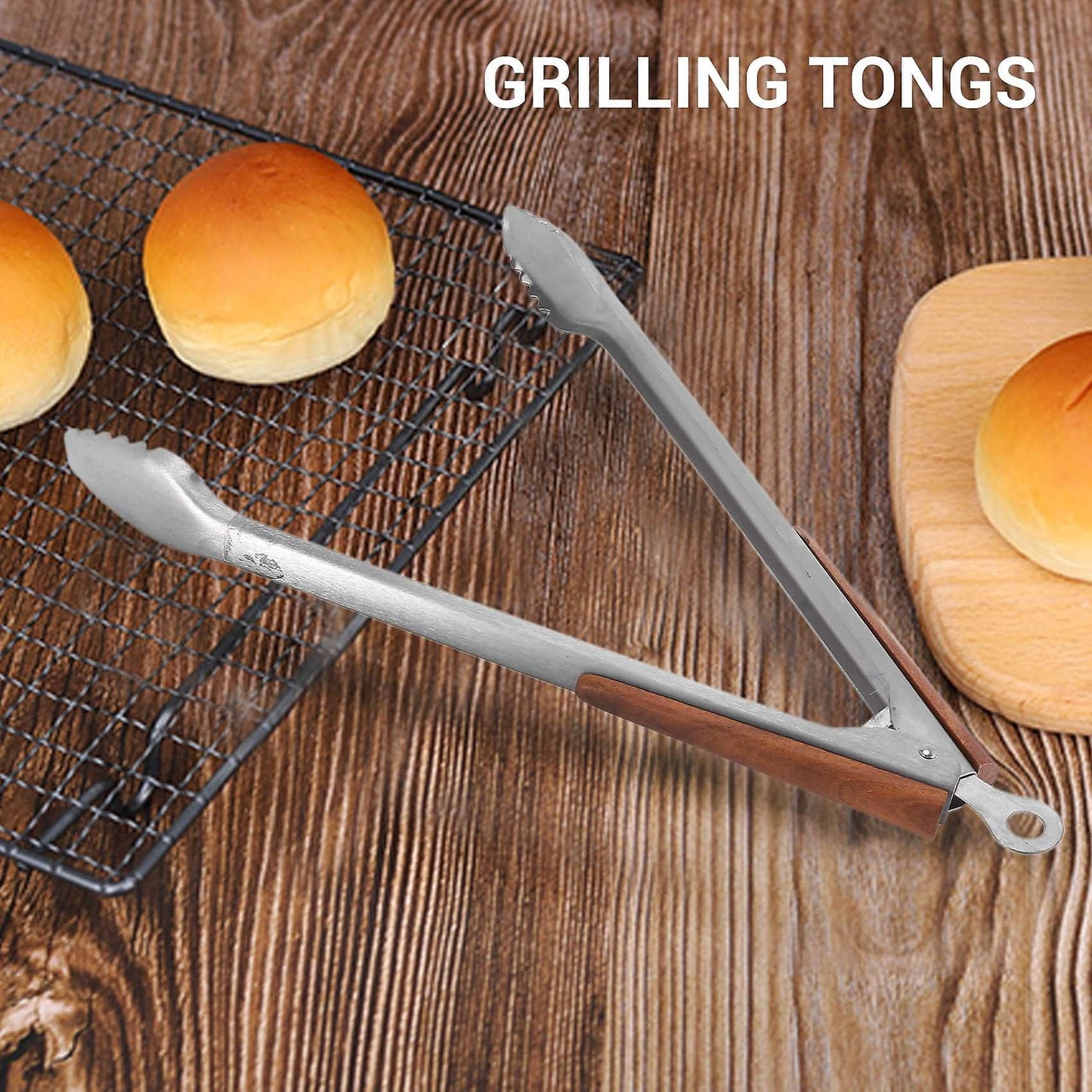 Stainless Steel Tongs - 19.25 Inch With Wooden Handles