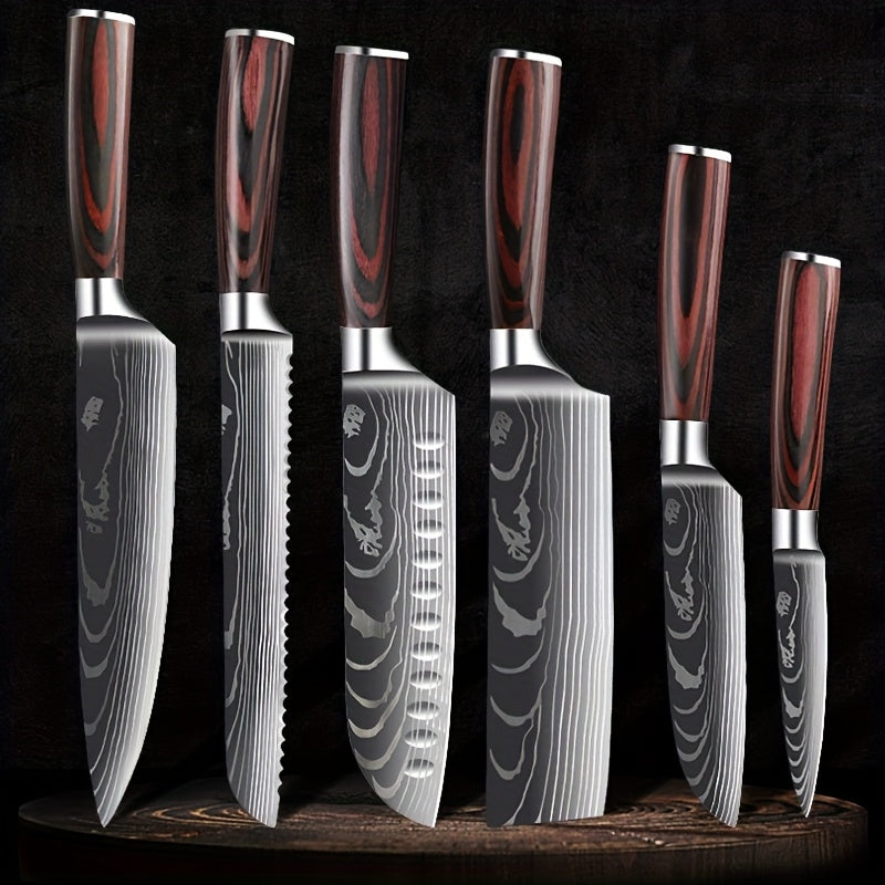 6pcs Japanese-Style Stainless Steel Chef Knife Set with Laser Pattern