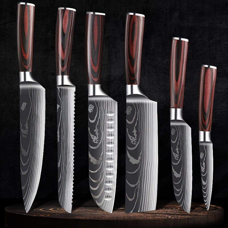 6pcs Japanese-Style Stainless Steel Chef Knife Set with Laser Pattern