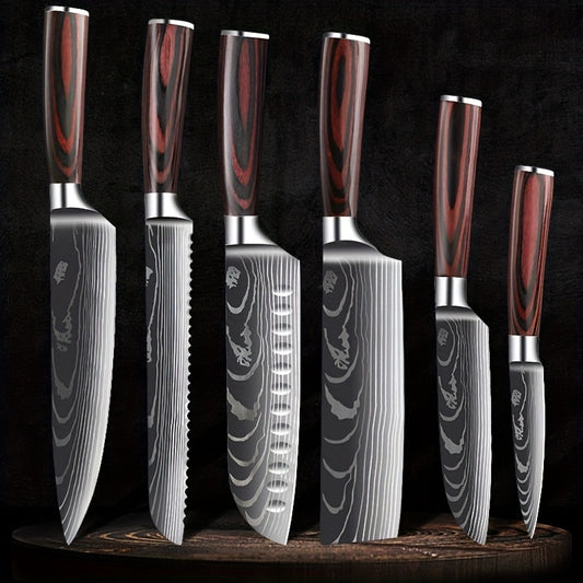 6pcs Japanese-Style Stainless Steel Chef Knife Set with Laser Pattern