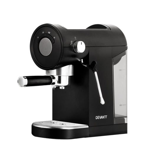A black Devanti 20 Bar Coffee Machine with a portafilter attached, designed for making espresso.