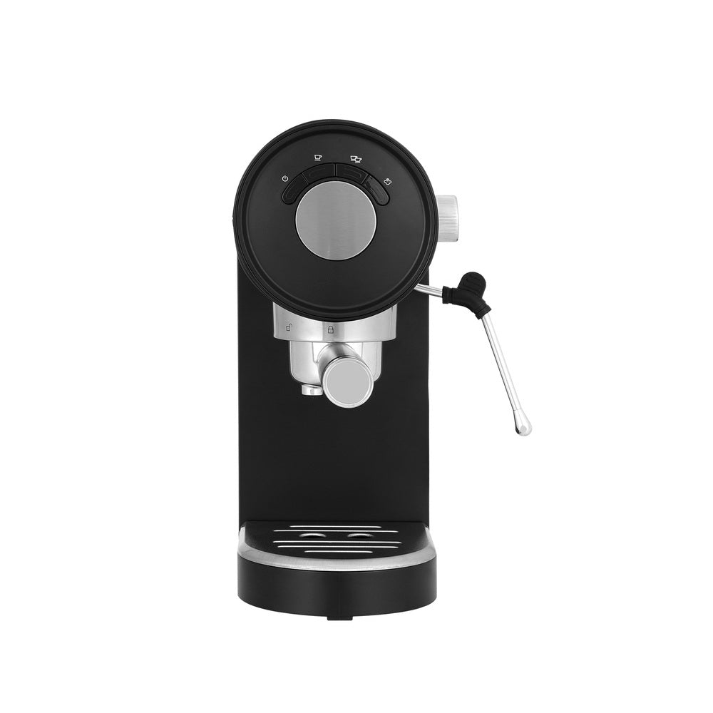 A black Devanti 20 Bar Coffee Machine with a portafilter attached, designed for making espresso.