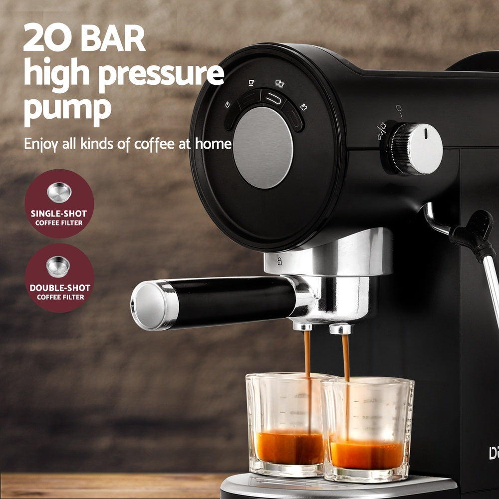 A black Devanti 20 Bar Coffee Machine with a portafilter attached, designed for making espresso.