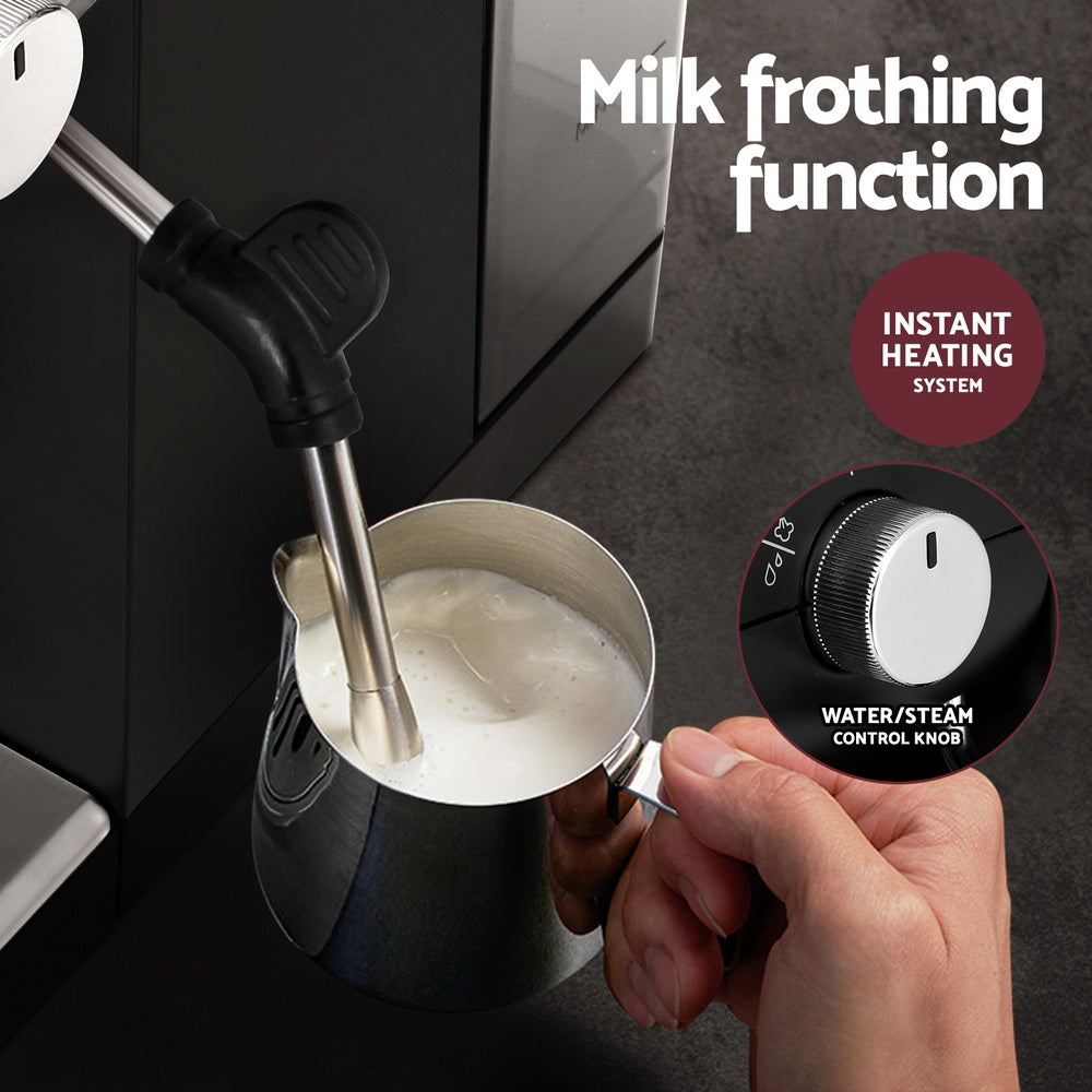 A black Devanti 20 Bar Coffee Machine with a portafilter attached, designed for making espresso.