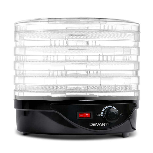 A black Devanti 5-tray food dehydrator with transparent trays and a red control button on the front.
