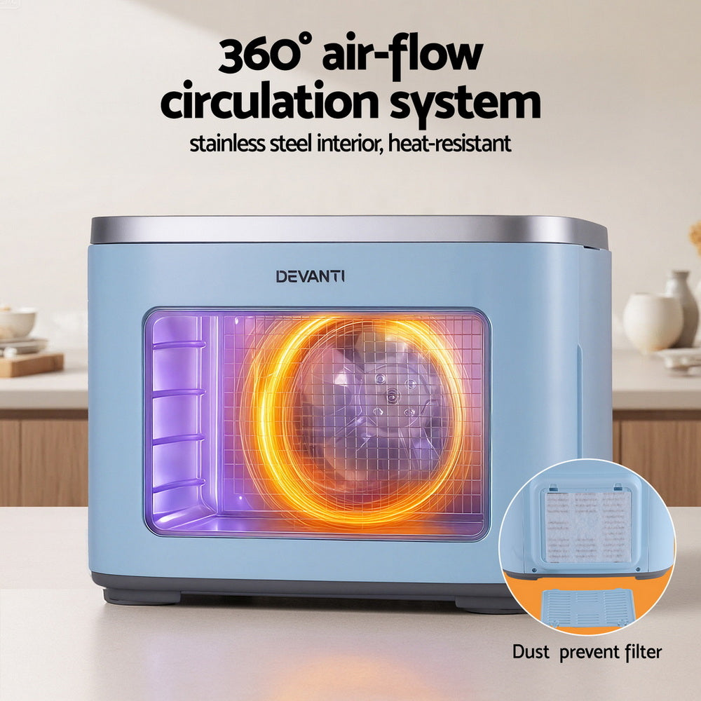 Blue Devanti oven with 360-degree air-flow circulation system and stainless steel interior on a kitchen counter.