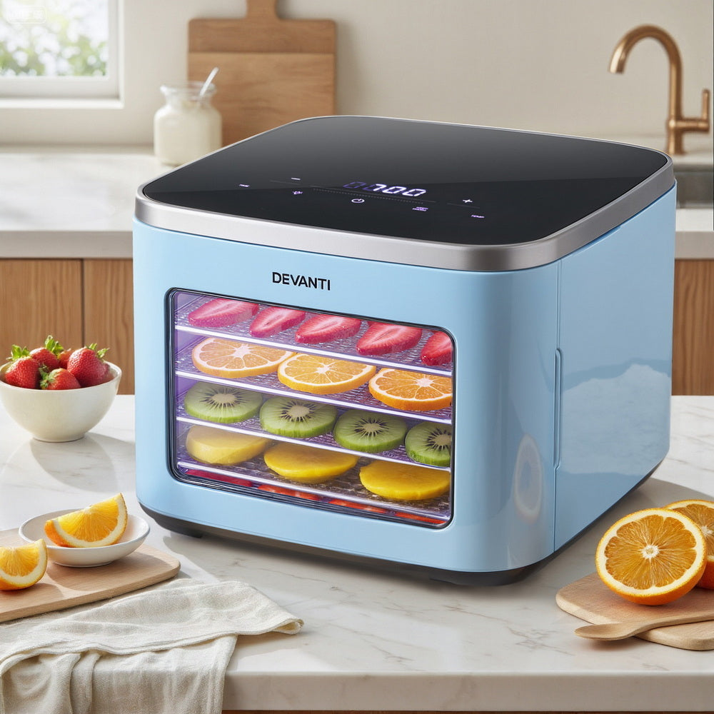 Blue Devanti food dehydrator with fruits on a kitchen counter