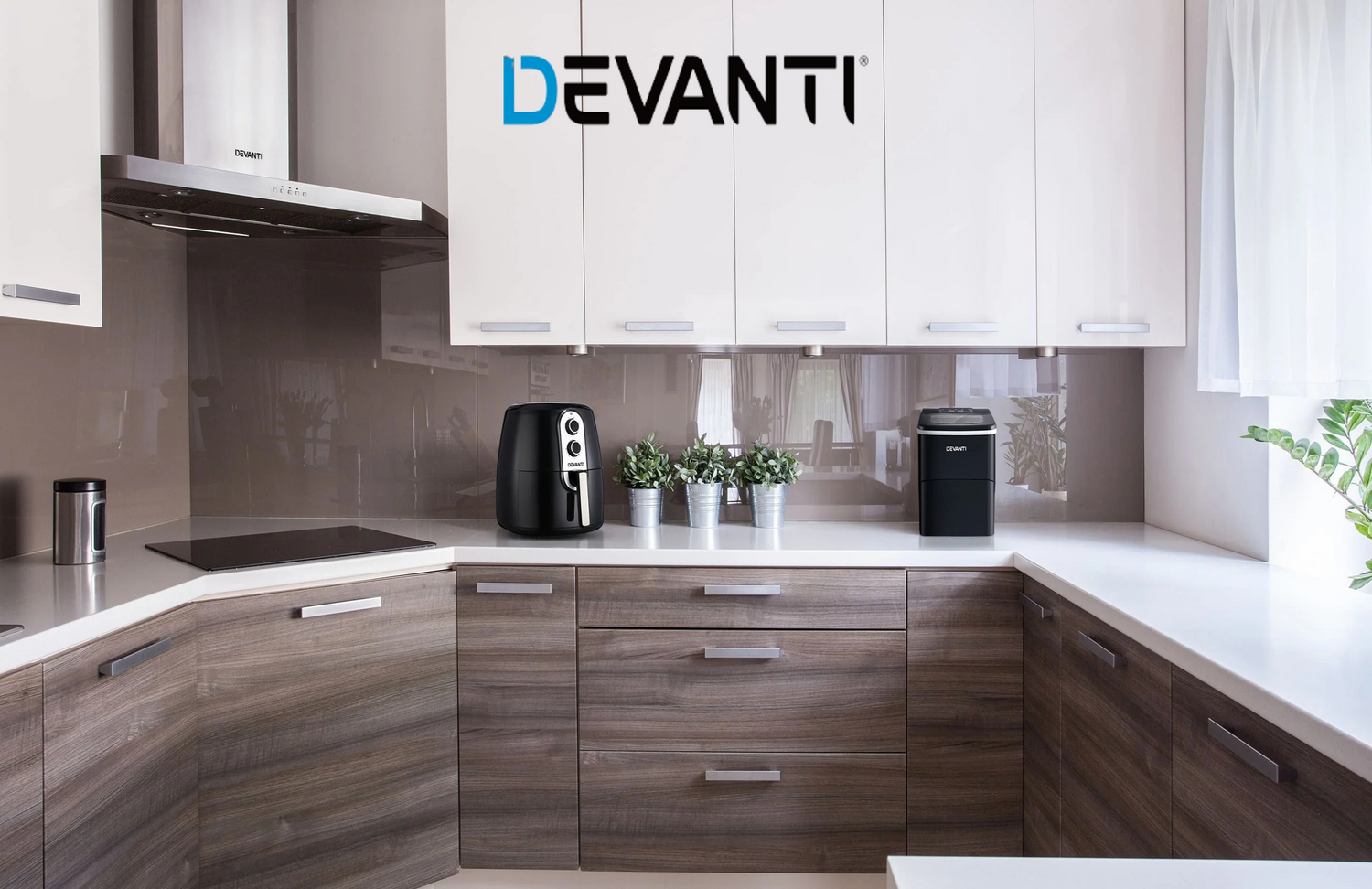 Modern kitchen with Devanti logo displayed