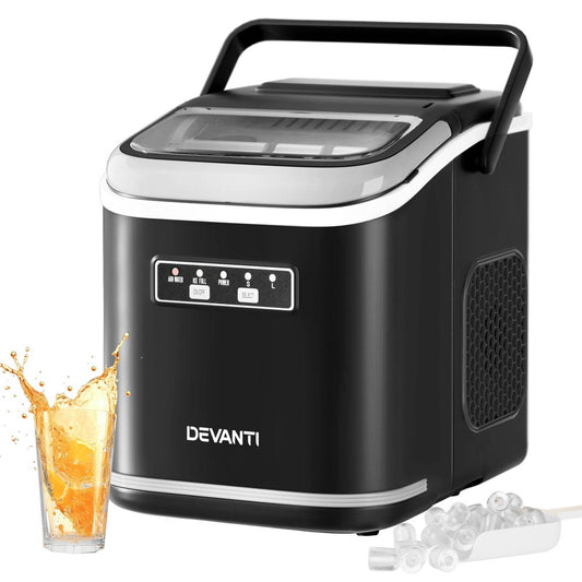 Black portable ice maker with DEVANTI branding, surrounded by ice cubes and a glass of orange juice.