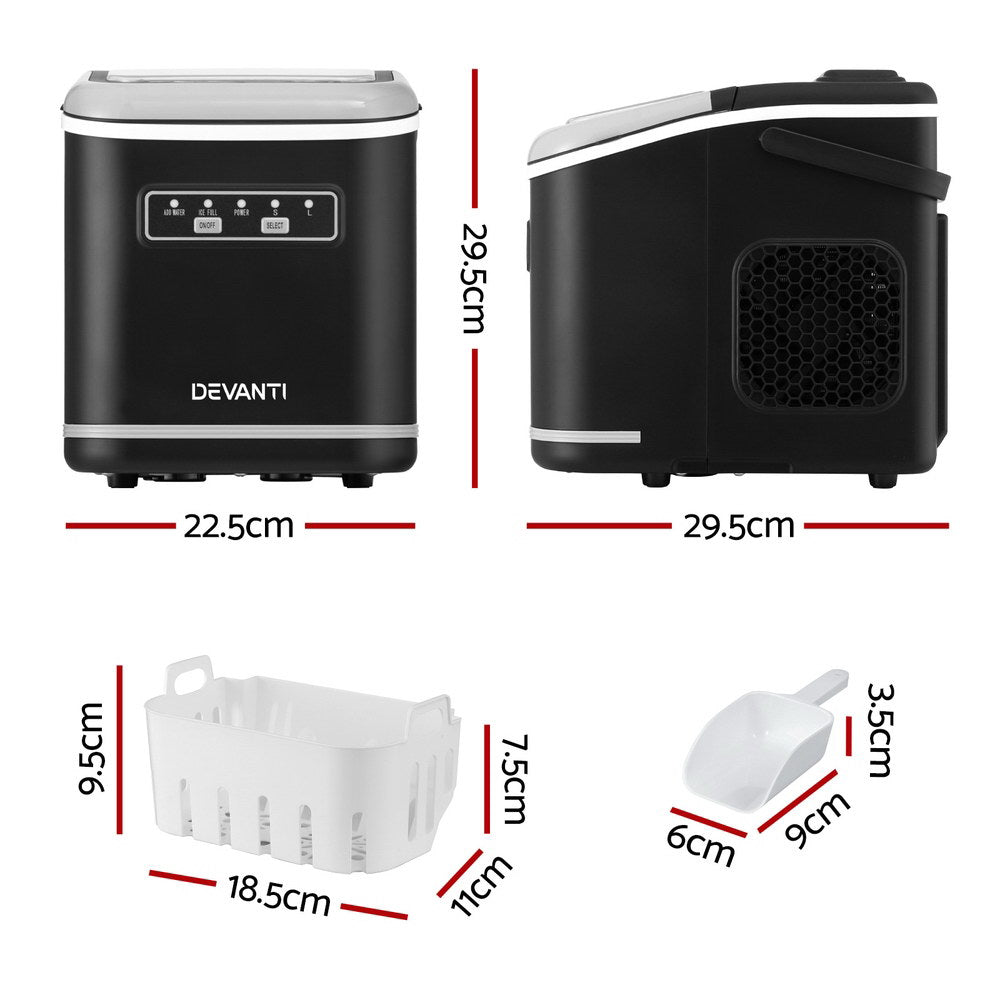 Black Devanti ice maker with dimensions and accessories on a white background