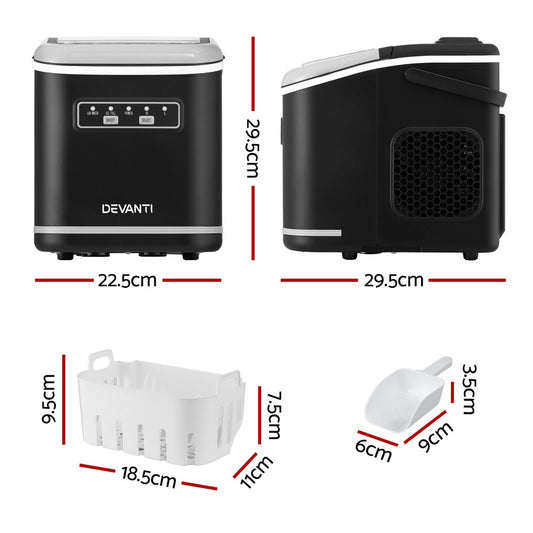Black Devanti ice maker with dimensions and accessories on a white background