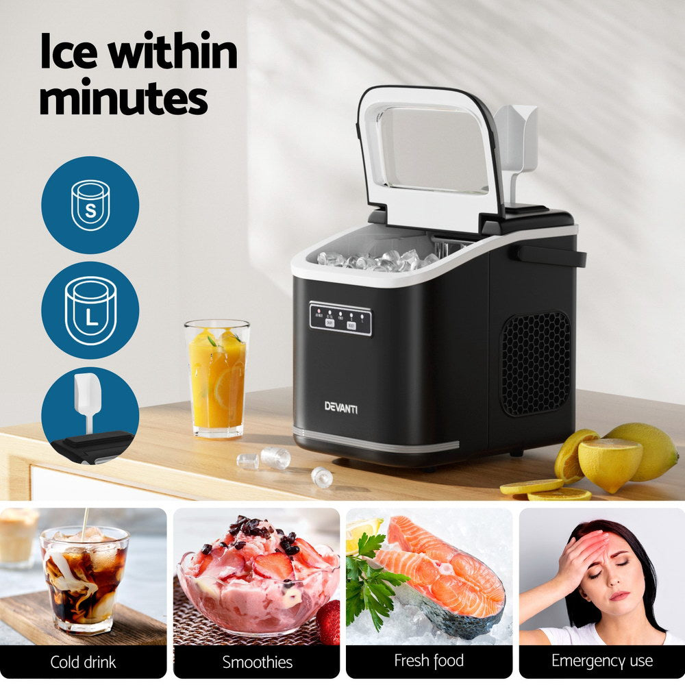 Black ice maker with images of its uses including drinks, smoothies, food, and emergencies.