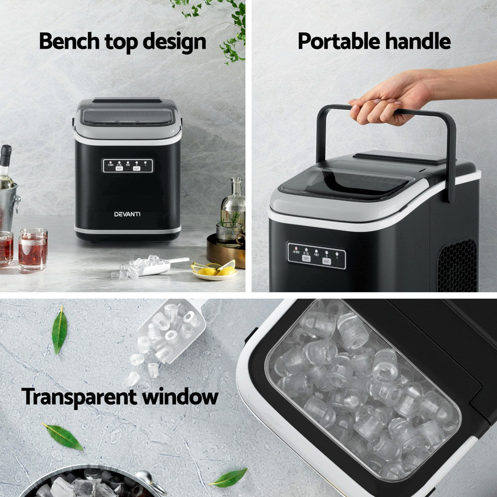 Collage of a portable ice maker with features highlighted.