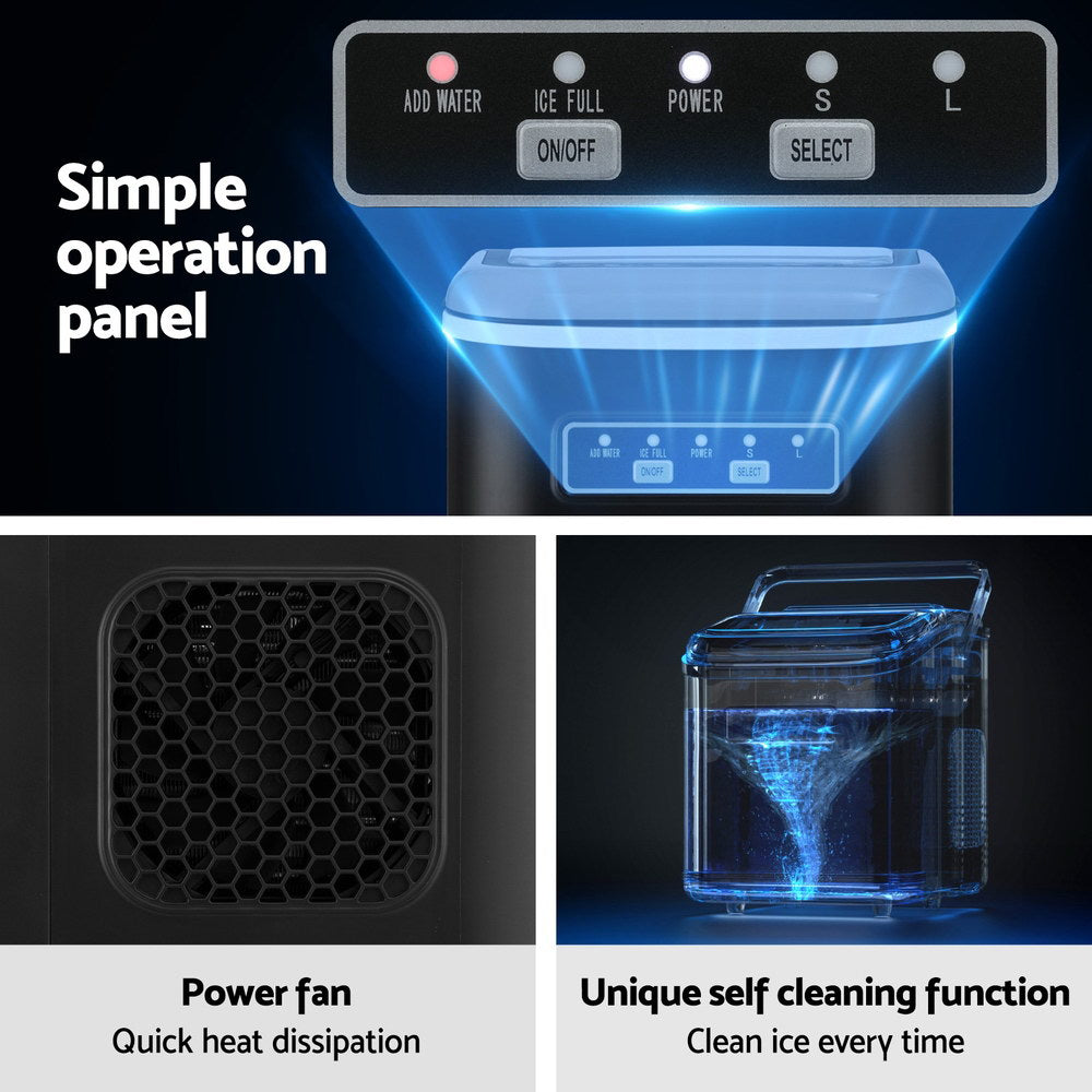 Ice maker with operation panel, power fan, and self-cleaning function on a black background.