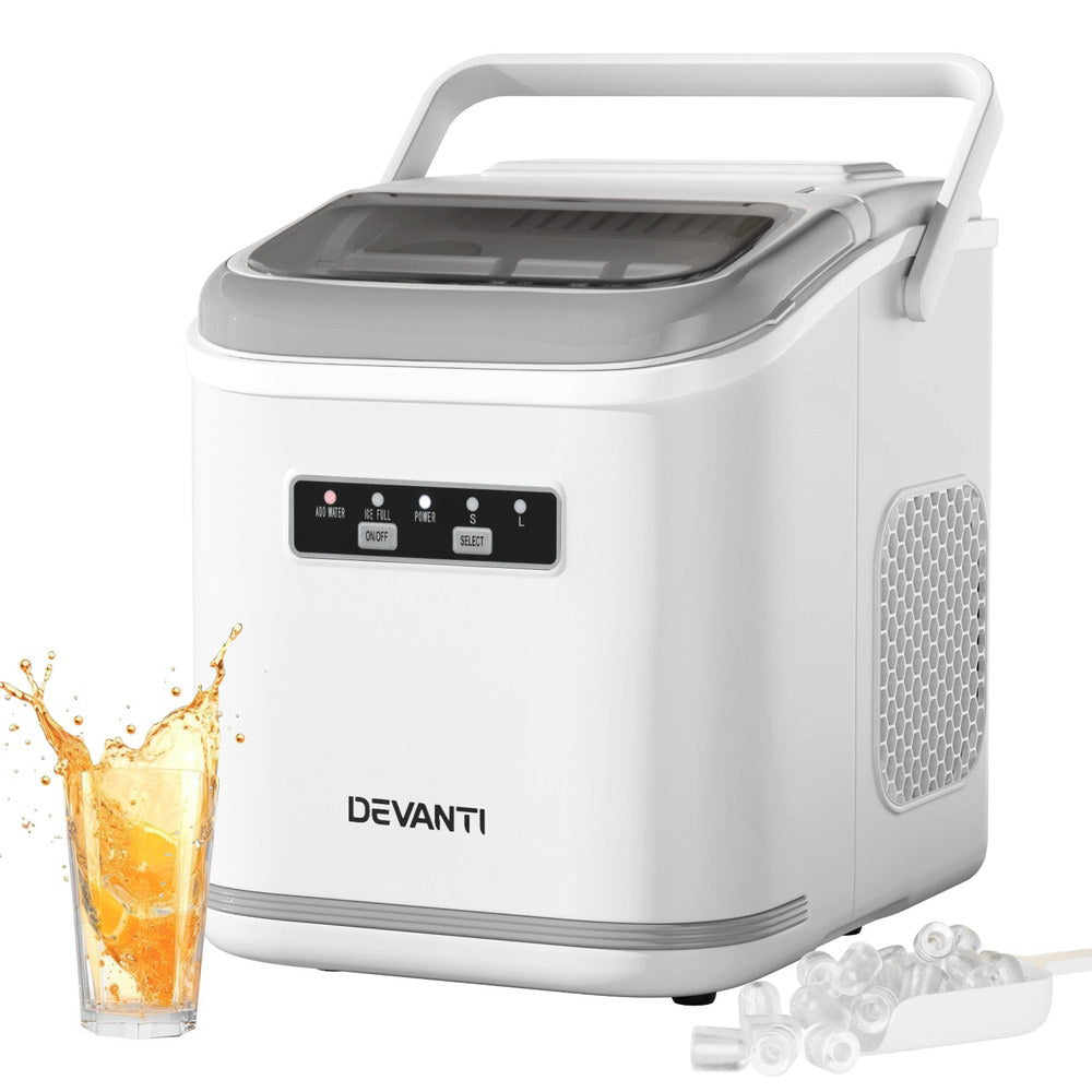 Devanti ice maker with a glass of orange juice and ice cubes on a white background