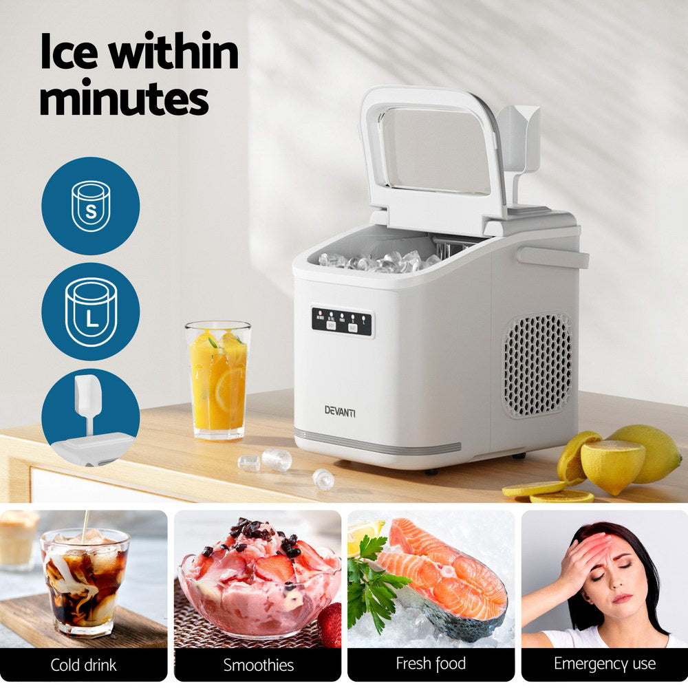 Portable ice maker on a table with images of its uses including cold drinks, smoothies, fresh food, and emergency use.