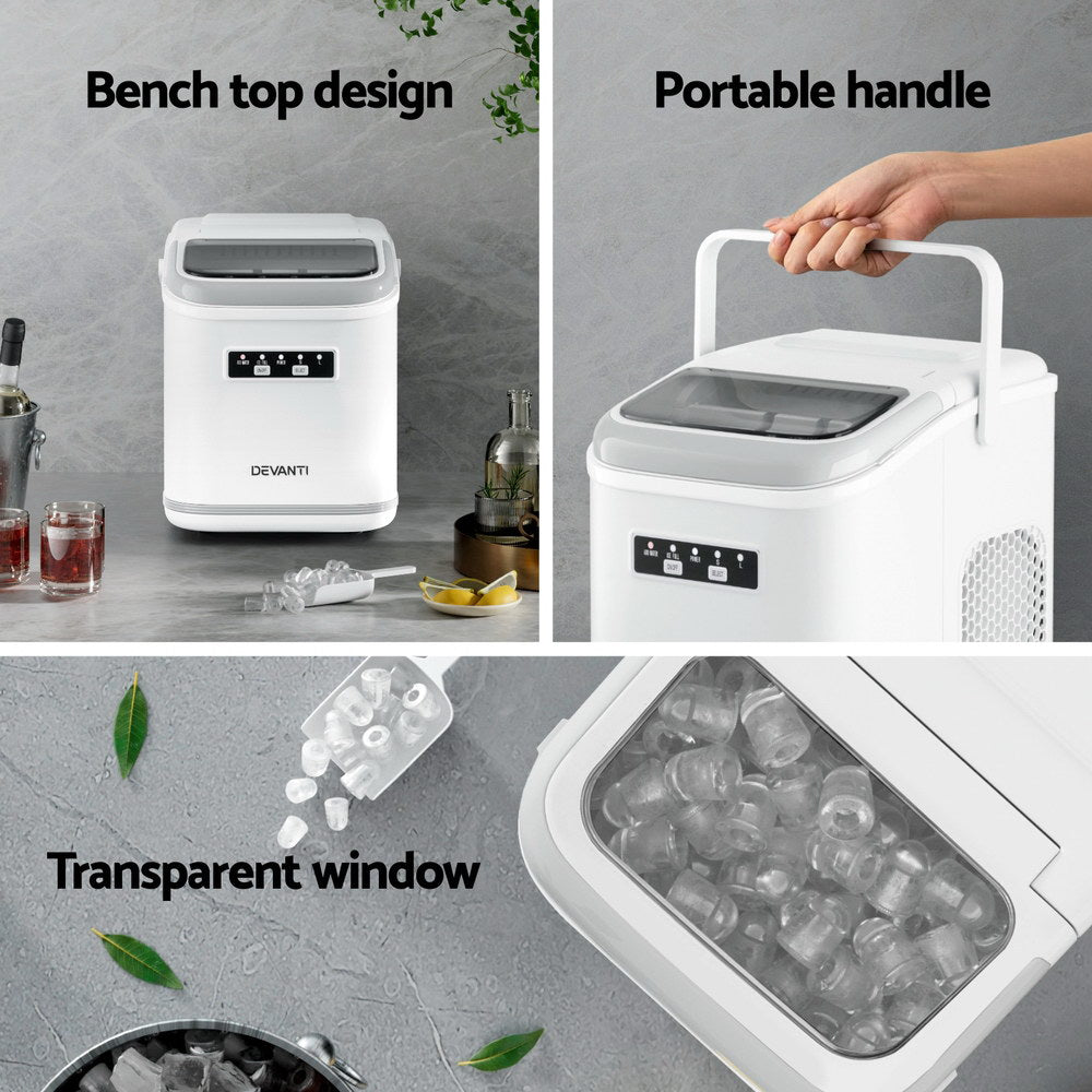 Collage of a white ice maker with features highlighted on a gray background.