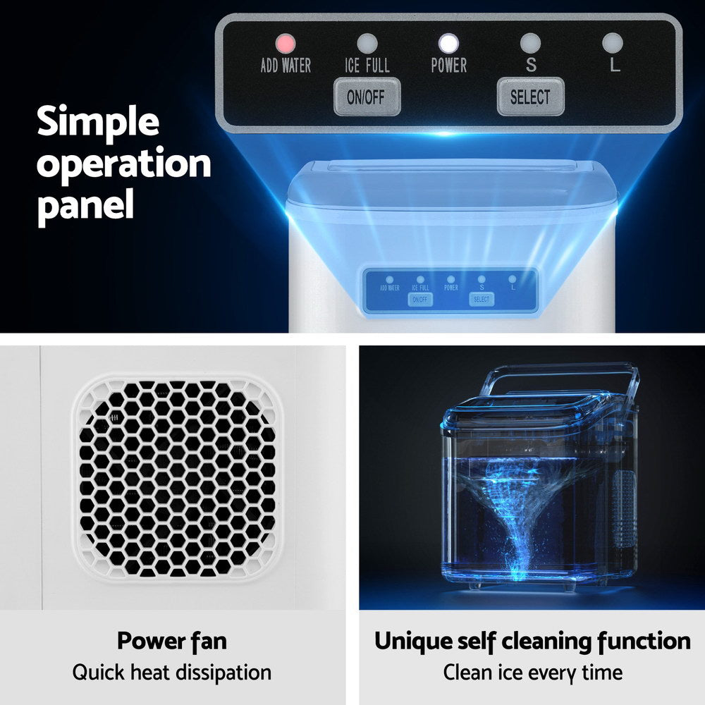 Ice maker with operation panel, power fan, and self-cleaning function highlighted.