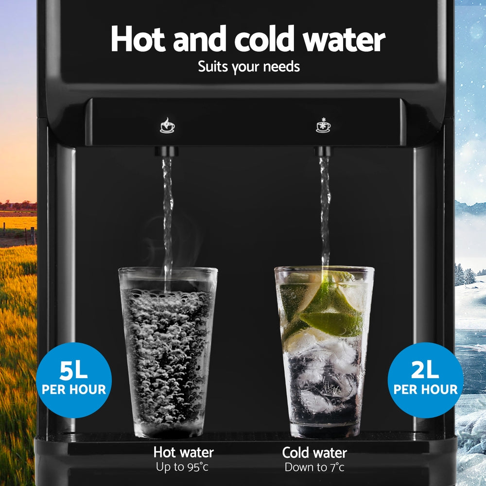 Hot and cold water dispenser with two glasses being filled, labeled for hot and cold water output rates.
