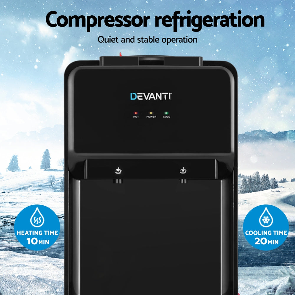 Devanti water dispenser with compressor refrigeration features against a snowy landscape background