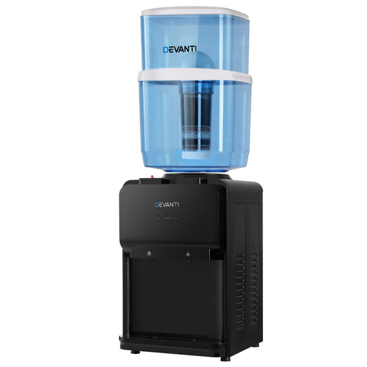 A black Devanti water cooler dispenser with a clear water tank on top and a black base. It has a blue and white spout and control buttons.