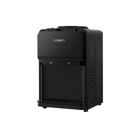A black Devanti water cooler dispenser with dual hot and cold waterspouts, featuring a compressor cooling technology, LED indicators, and anti-slip feet.
