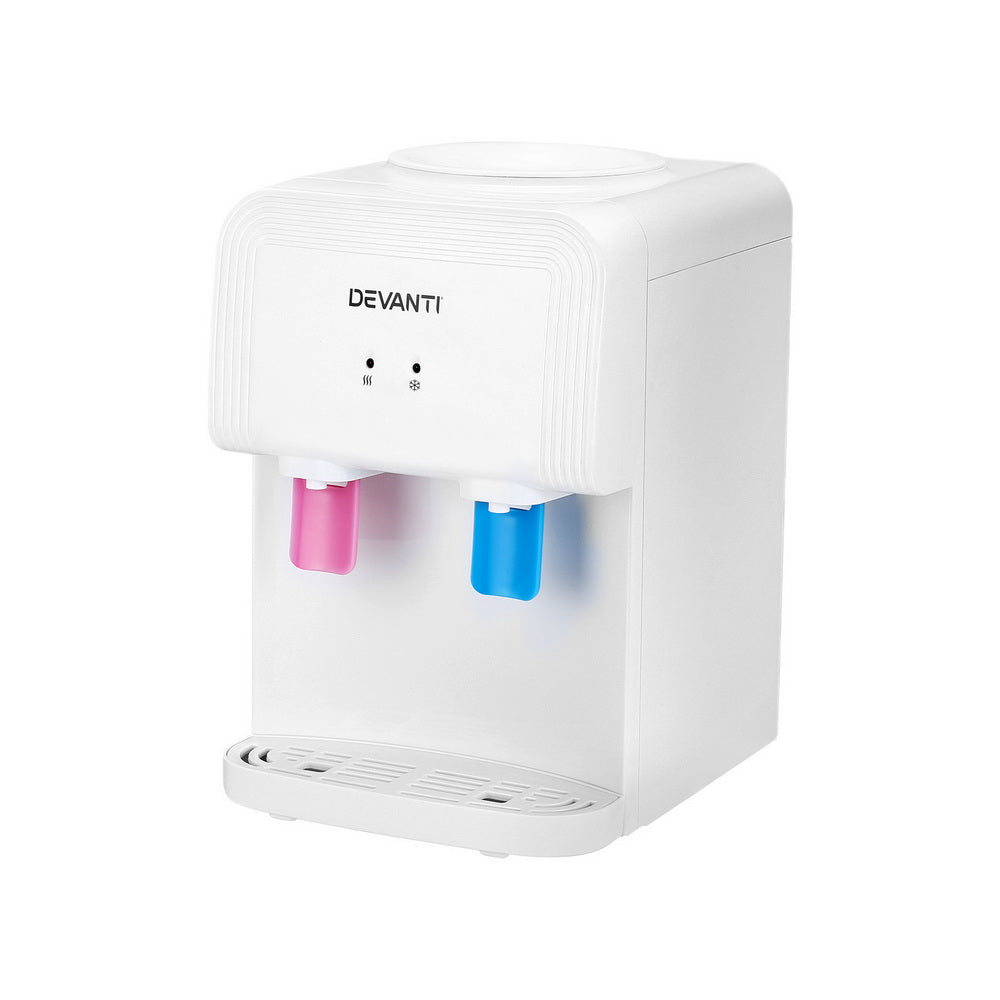 A white Devanti water cooler dispenser with dual blue and pink spouts, designed for bench top use.