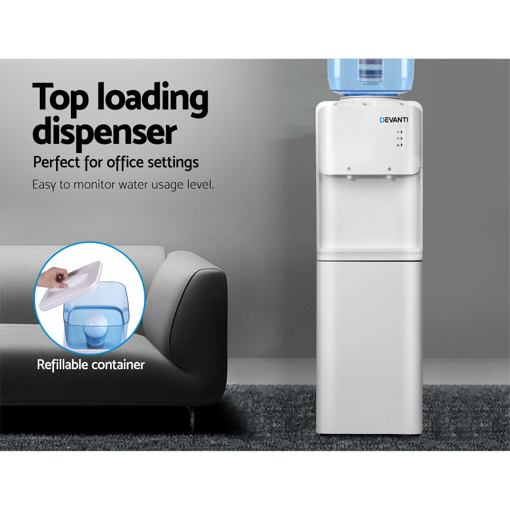 White top-loading water dispenser with refillable container feature, suitable for office settings.