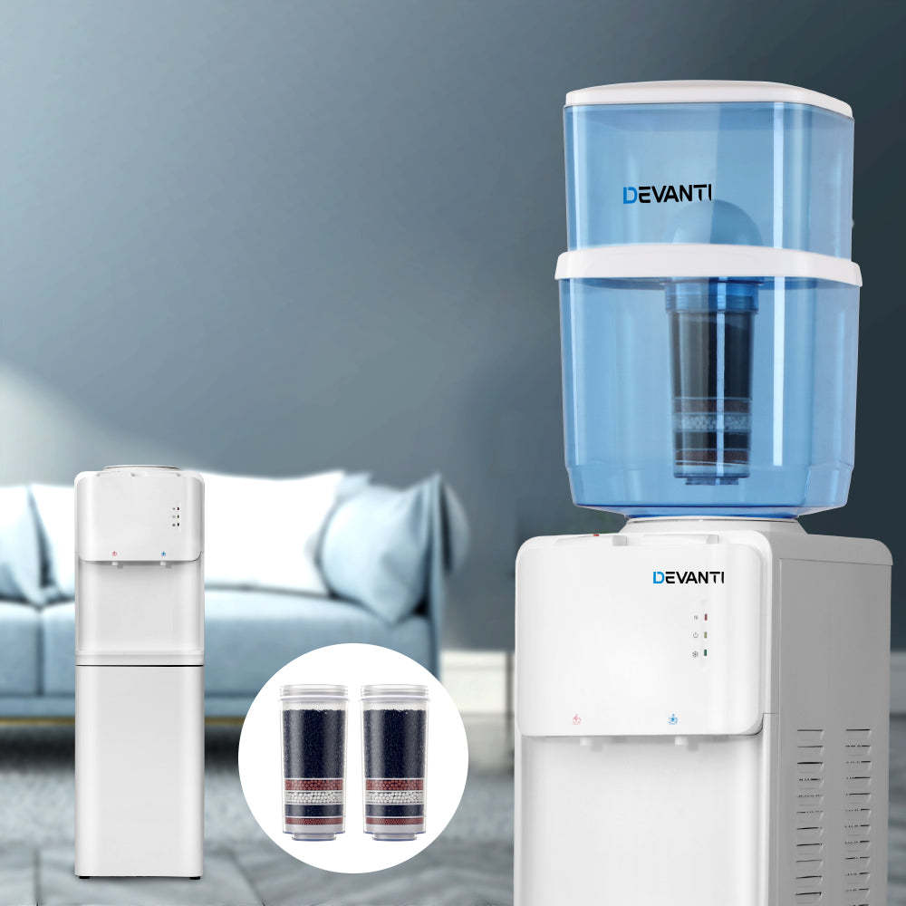 Devanti water dispenser with blue water tank and additional bottles on a blurred background