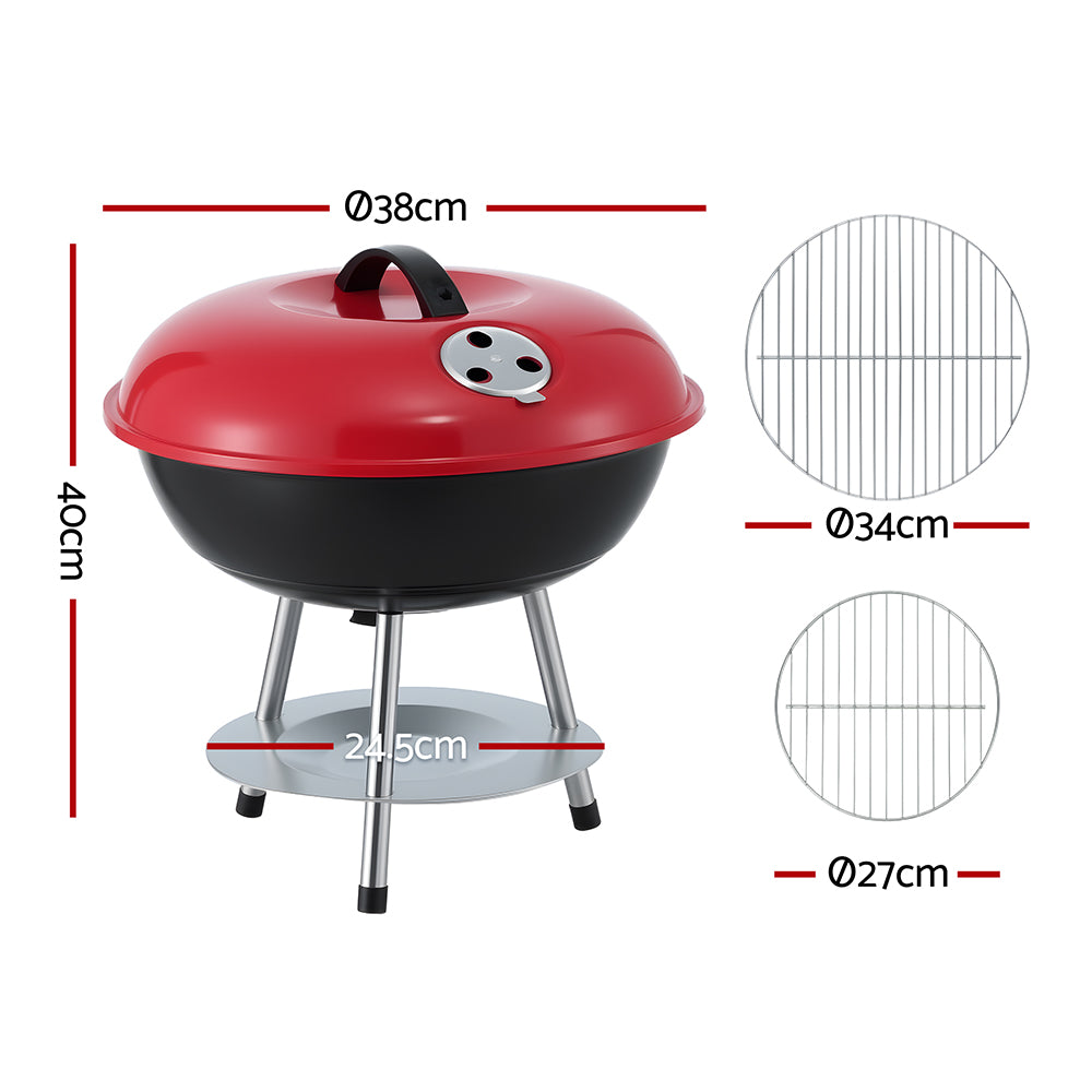 Red and black portable grill with dimensions and grid details on a white background