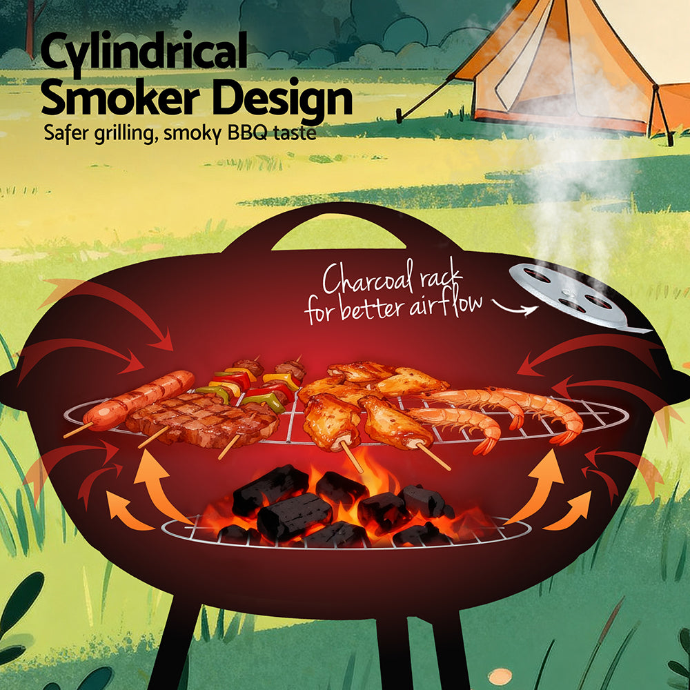 Illustration of a cylindrical smoker design for grilling with text and arrows indicating airflow.