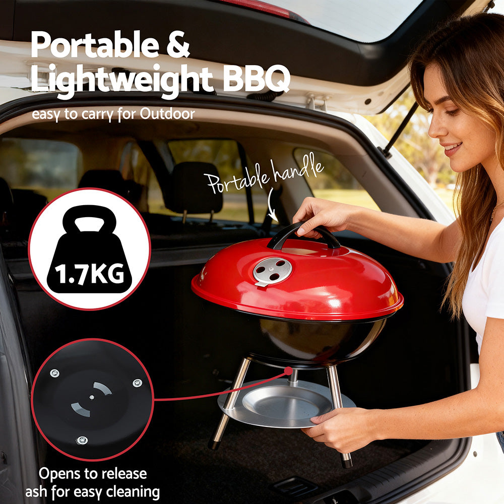 Woman carrying a red portable BBQ from a car trunk with text highlighting features.