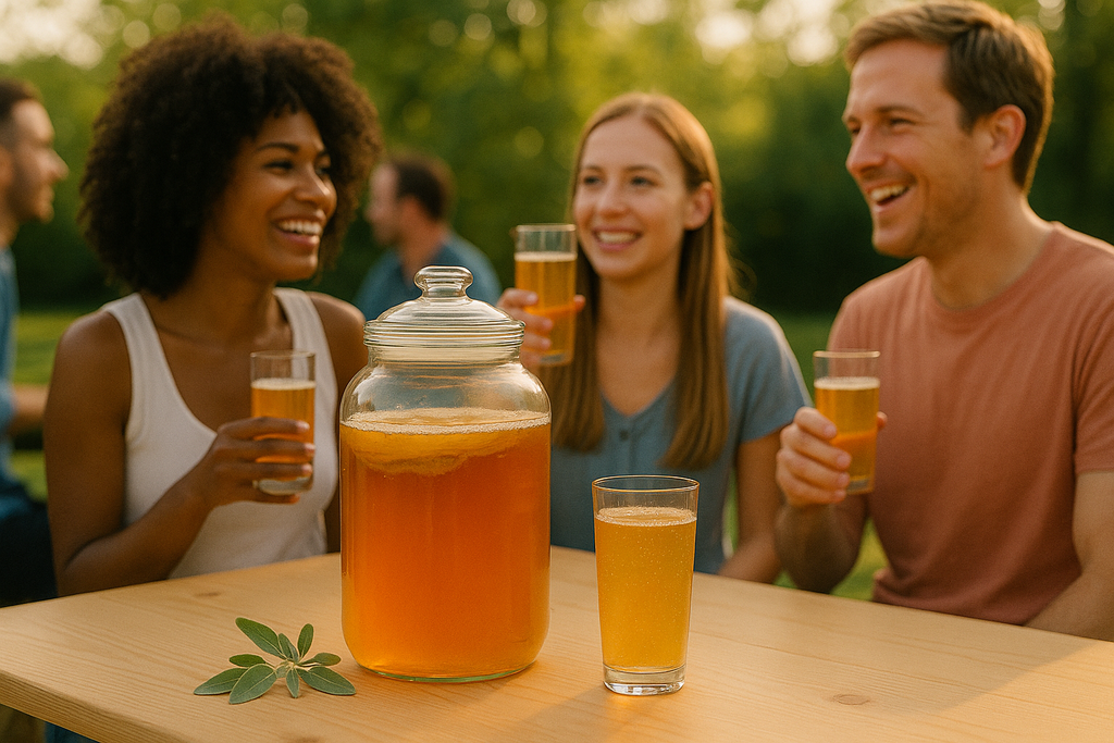 People enjoying a drink together outdoors with a large jar of juice on a table.