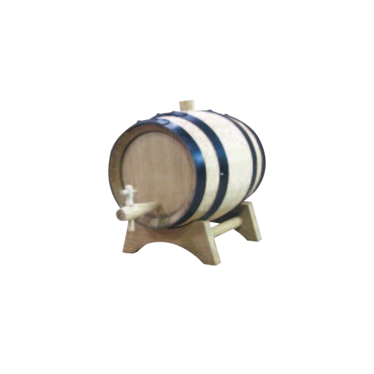 Wooden barrel with a white and blue striped design on a white background
