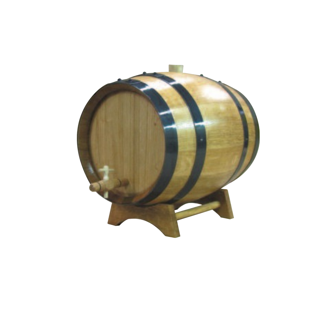 Wooden barrel with black bands on a white background
