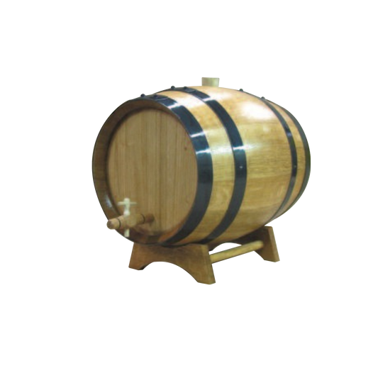 Wooden barrel with black bands on a white background
