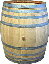 Wooden barrel with metal bands on a plain background