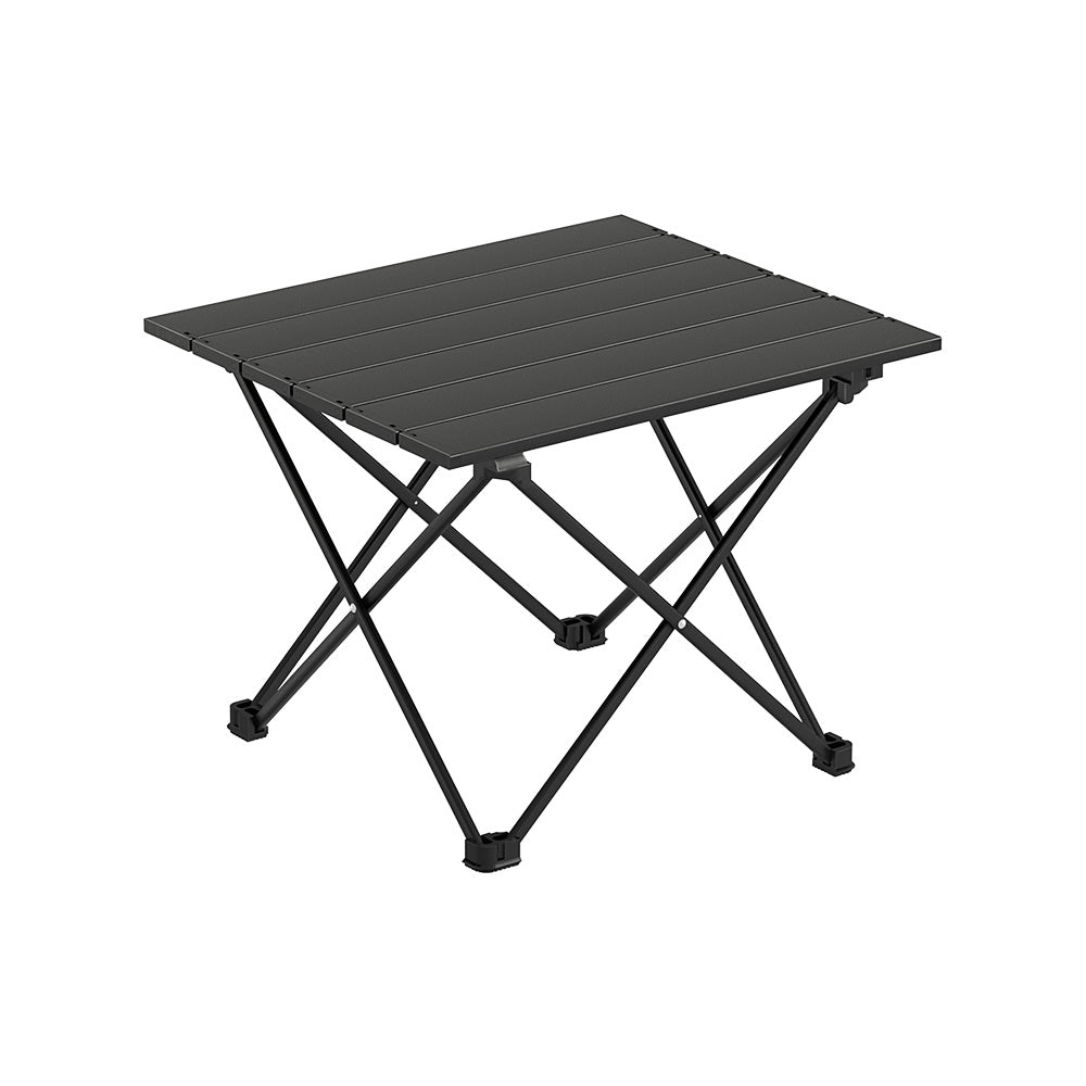 A folding camping table with a black aluminium frame and a solid black tabletop, displayed in a rolled-up configuration.