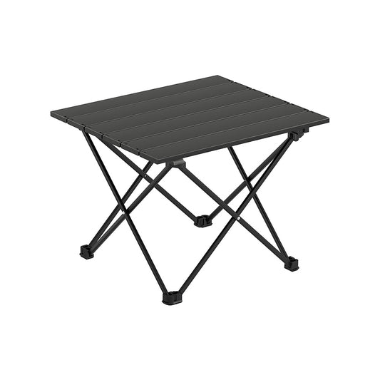 A folding camping table with a black aluminium frame and a solid black tabletop, displayed in a rolled-up configuration.