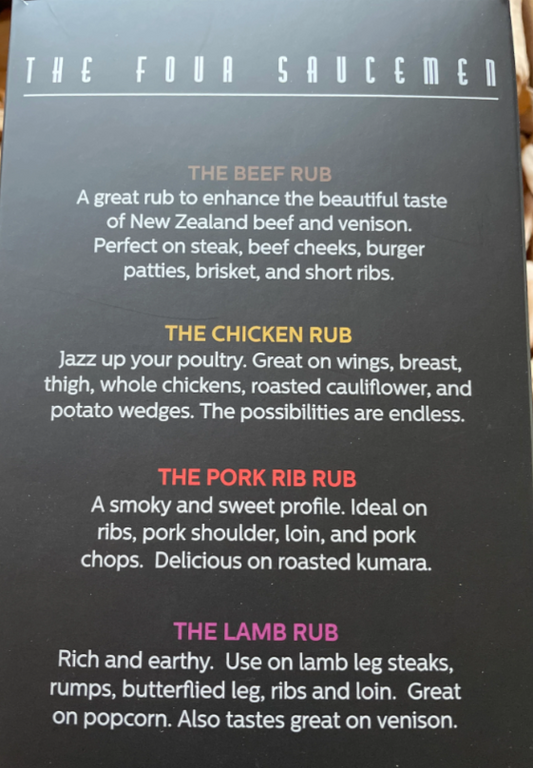 The Four Saucemen Rub Gift Box - Contains Our Multi Award Winning NZ Made Pork, Beef, Lamb And Chicken Rubs